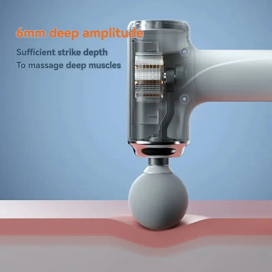 Cutaway showing the massage gun's 6mm amplitude, the stroke depth that lets it reach past surface muscle
